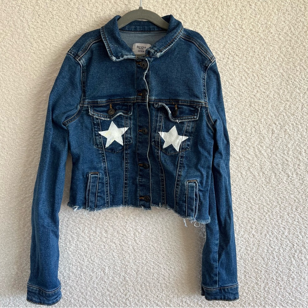 Bershka Girl BSKGIRL Denim Jacket Patches Stars Jean Jacket Girls Size XS